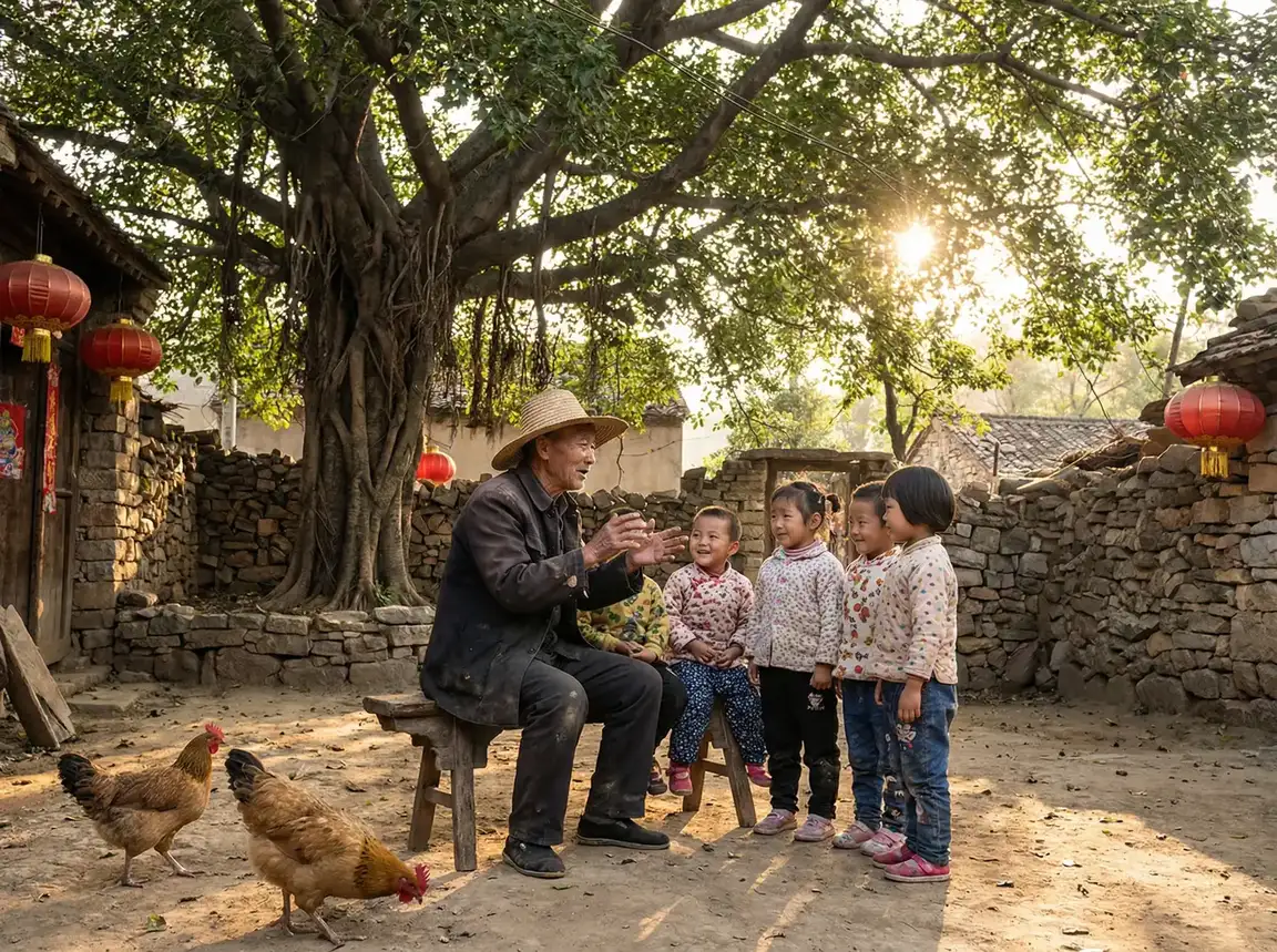 老人在大榕树下给孩子们讲故事 - 许光汉像是去陌生亲戚家的我 乡村记忆